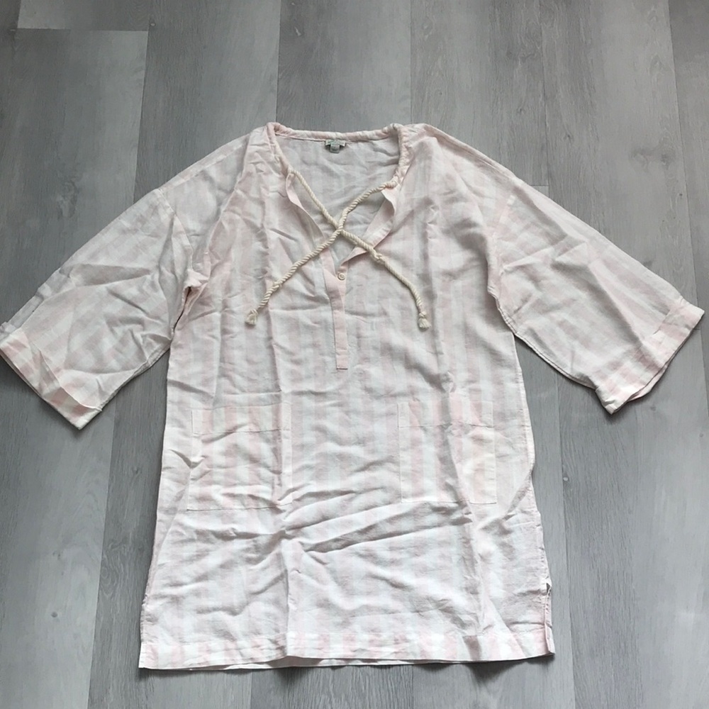 J CREW LINEN PINK STRIPE SHIFT COVER UP DRESS WOMENS LARGE